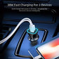 Black square car charger with plugged-in USB cables for fast dual charging