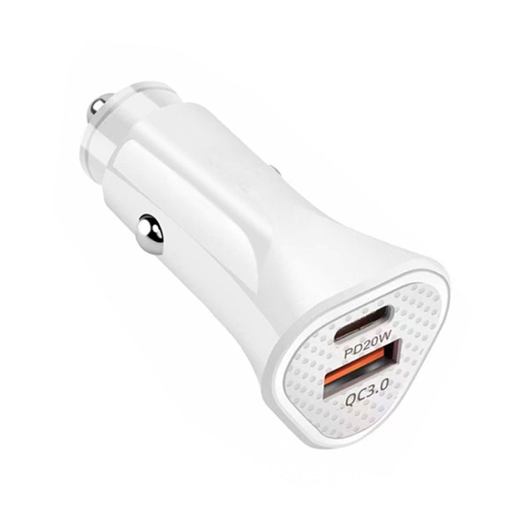 White triangle car fast charger with PD/QC ports and cigarette-lighter plug