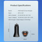 Black triangle car charger shown with product specs and size diagram