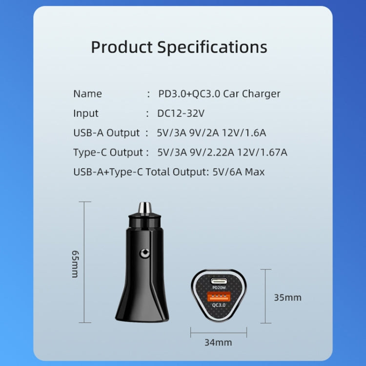 Black triangle car charger shown with product specs and size diagram