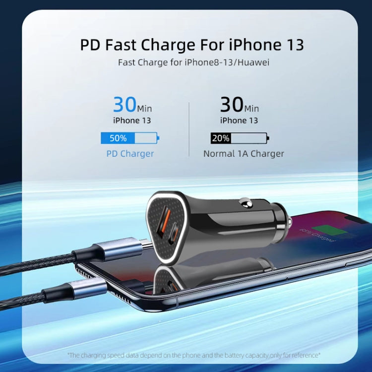 White triangle car fast charger with PD/QC port panel on cigarette-lighter plug