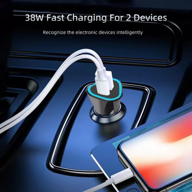 Black triangle car charger with dual ports and attached USB cables