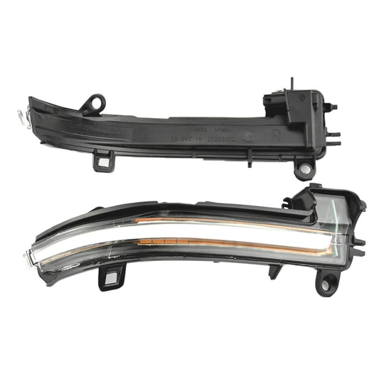 LED mirror turn signal light with clear lens and amber LED strip, rear mounting view