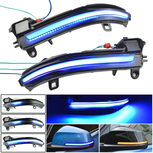Pair of blue LED dynamic turn signal lights for side mirrors with black housings.