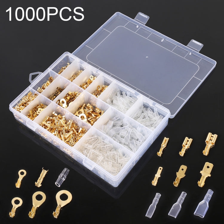 Cable spade plug terminal kit in clear organizer, gold contacts and clear sleeves