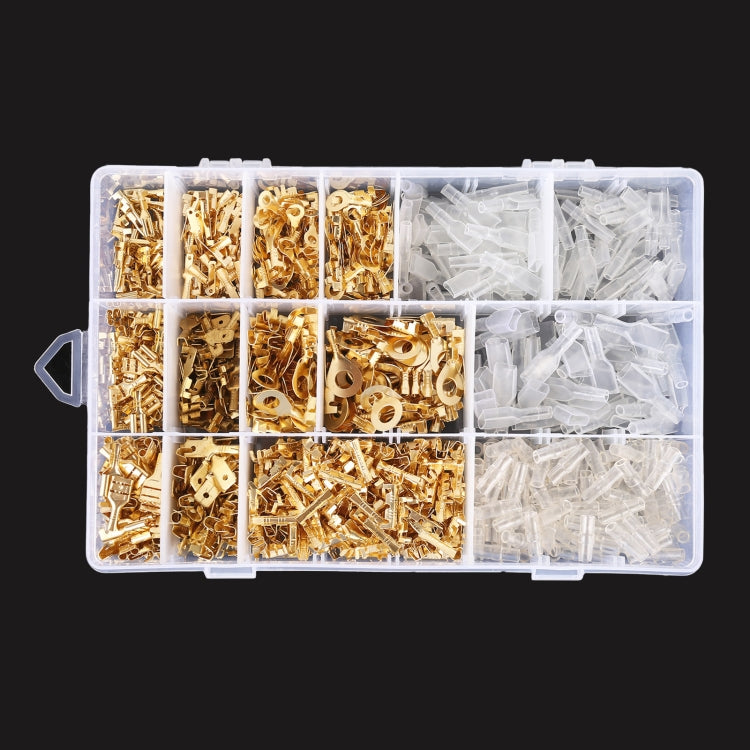 Cable spade plug terminal kit tray with gold ring lugs and clear insulated sleeves