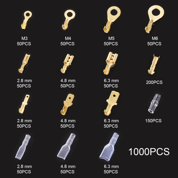 Cable spade plug terminal assortment with labeled sizes, gold lugs and clear spades