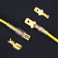Gold and silver cable spade plug connectors with crimped wires and yellow insulation