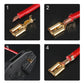 Cable spade plug connector crimping views on red wires with gold terminals