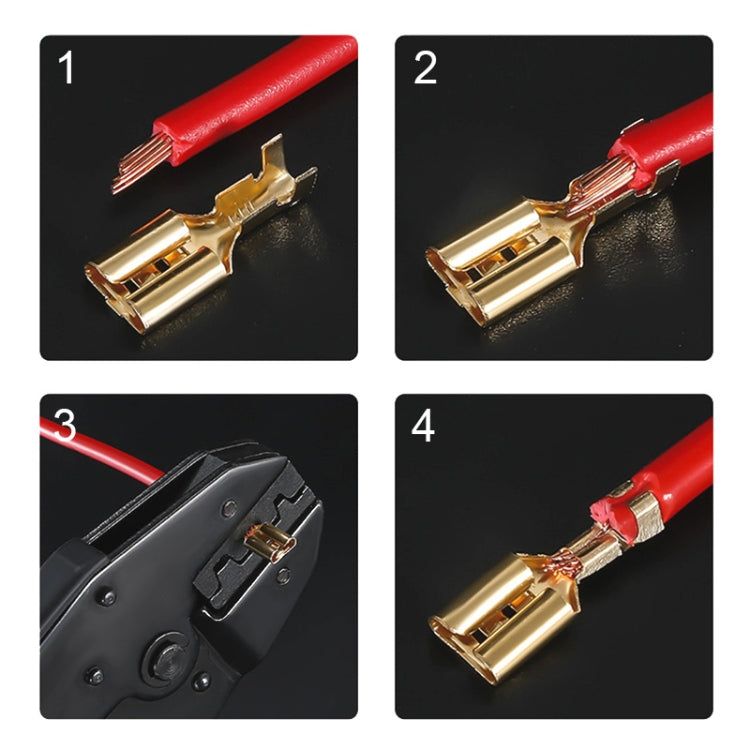 Cable spade plug connector crimping views on red wires with gold terminals