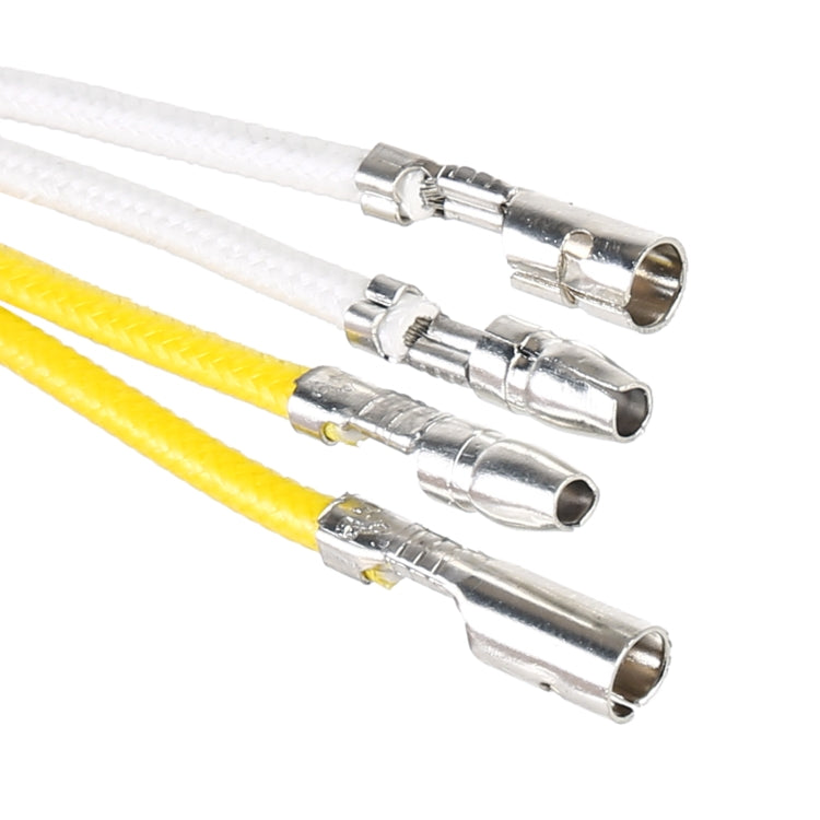 LED turn signal load decoder connector ends on yellow and white wires with metal terminals