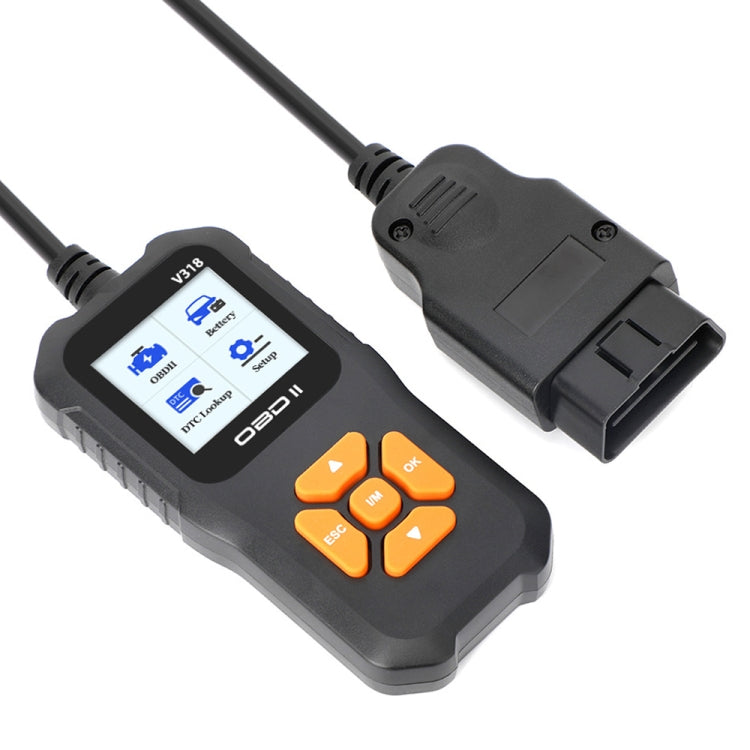 Car OBD2 code reader with color screen, orange navigation buttons, and cable