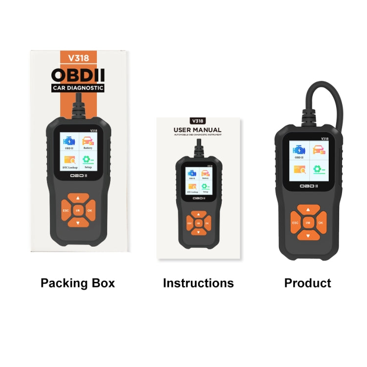 OBD2 car diagnostic tool kit with code reader device, user manual, and box