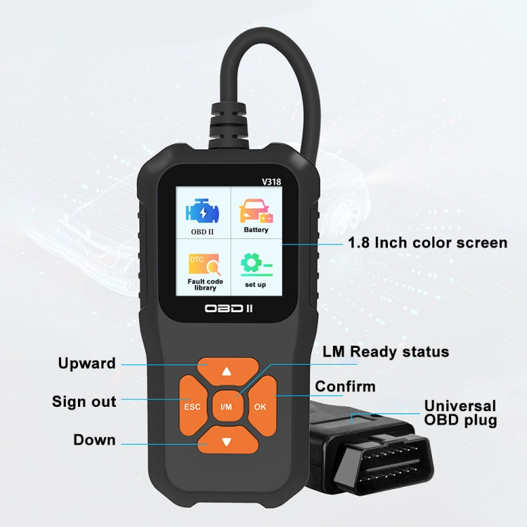 Automotive OBD2 code reader with 1.8-inch color screen, orange keypad, and OBD plug