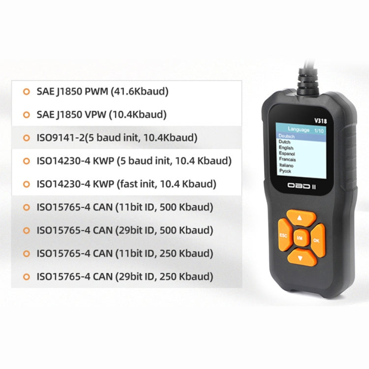Automotive OBD2 code reader back side with language display and orange buttons