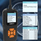 OBD2 code reader showing trouble codes and sensor data on color display