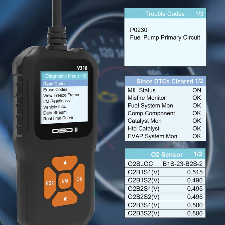 OBD2 code reader showing trouble codes and sensor data on color display