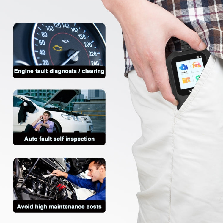 Car OBD2 code reader held in hand with color screen and orange control keypad