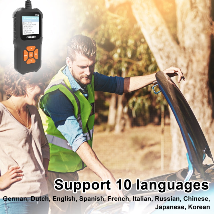 Car OBD2 code reader with color screen and orange keypad, connected to OBD cable