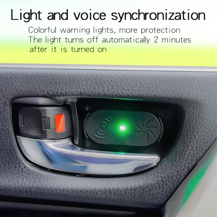 Black door opener alarm prompt glowing green LED on car door panel