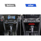 Center console before-and-after showing red carbon-fiber style storage trim