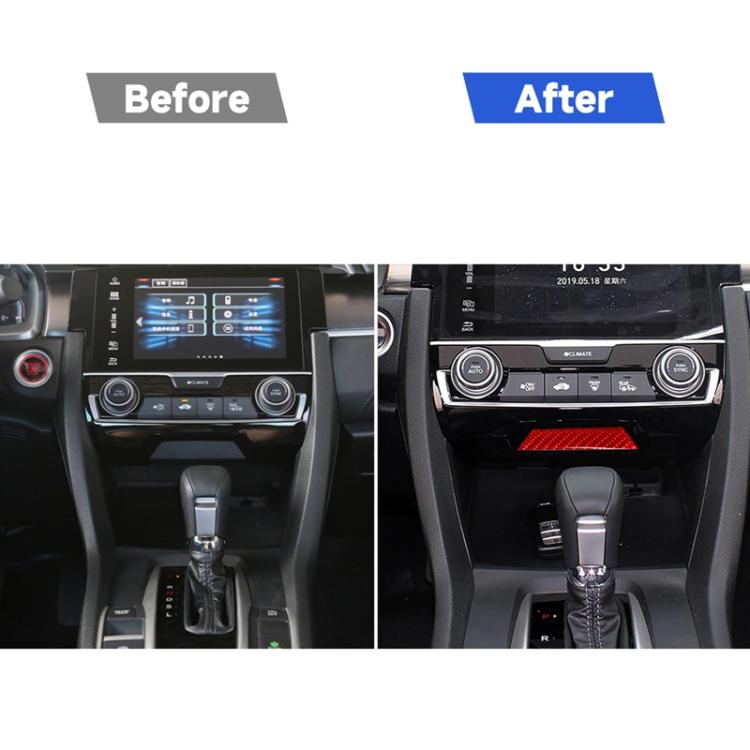 Center console before-and-after showing red carbon-fiber style storage trim