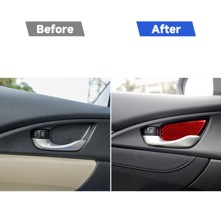 Before-and-after inside door handle wrist trim with red carbon-fiber insert