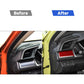 Before/after: red carbon-fiber sticker on left central console trim panel