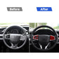 Steering wheel with installed red carbon-fiber button trim accents, compared to plain center