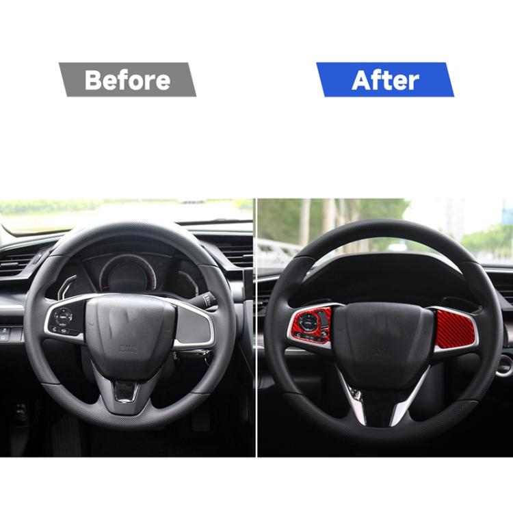 Steering wheel with installed red carbon-fiber button trim accents, compared to plain center