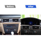 Before-and-after view of car dashboard air vents with carbon-fiber trim installed