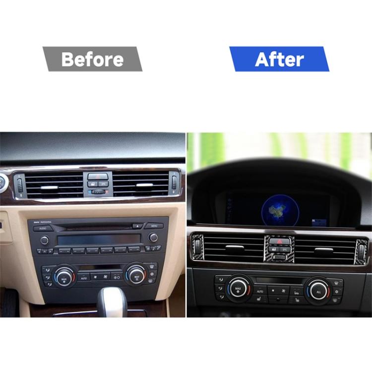 Before-and-after view of car dashboard air vents with carbon-fiber trim installed