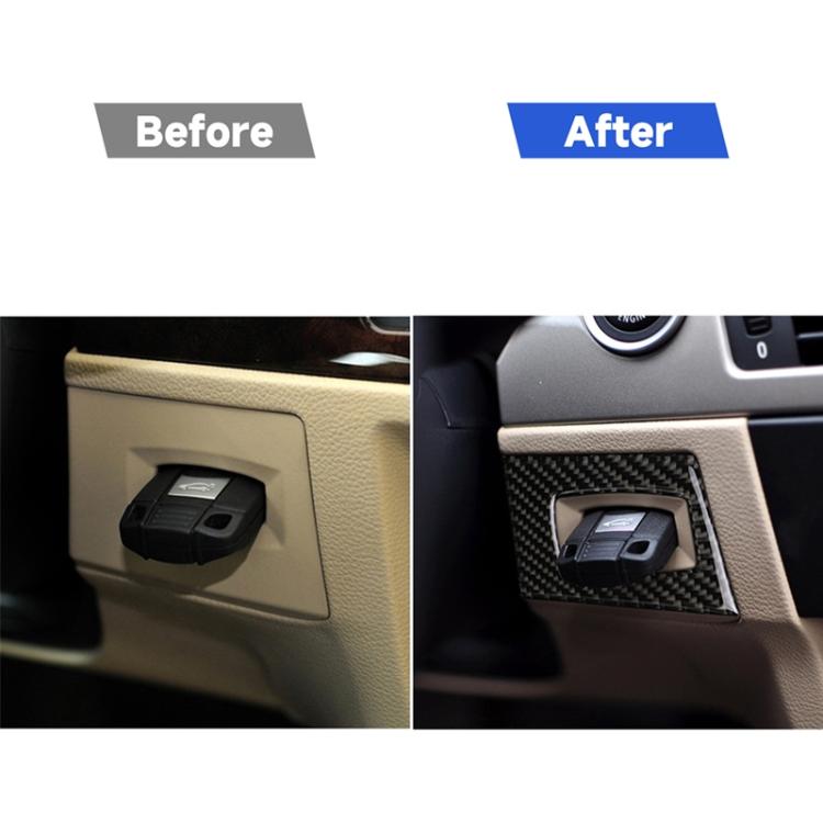 Carbon fiber ignition switch sticker installed on dashboard trim, before/after comparison
