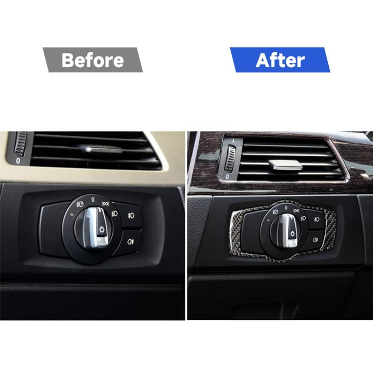 Headlight switch trim before-and-after view showing carbon fiber overlay around the knob