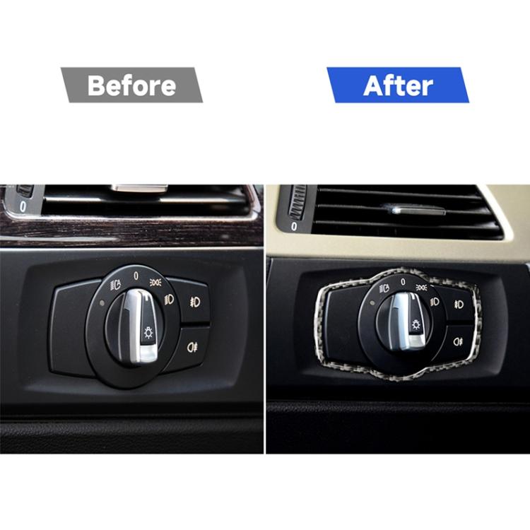 Headlight switch before and after showing carbon-fiber trim border around the knob