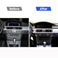 Carbon-fiber BMW CD panel trim overlay installed on center console, compared to untrimmed dash