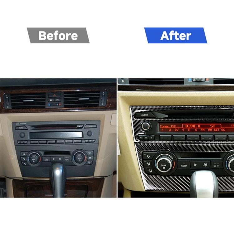 Before and after view of carbon fiber CD panel trim sticker on car center console