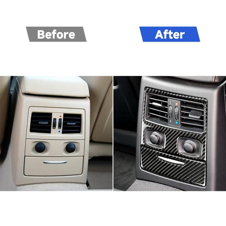 Carbon fiber rear air vent trim sticker shown in before-and-after car interior views
