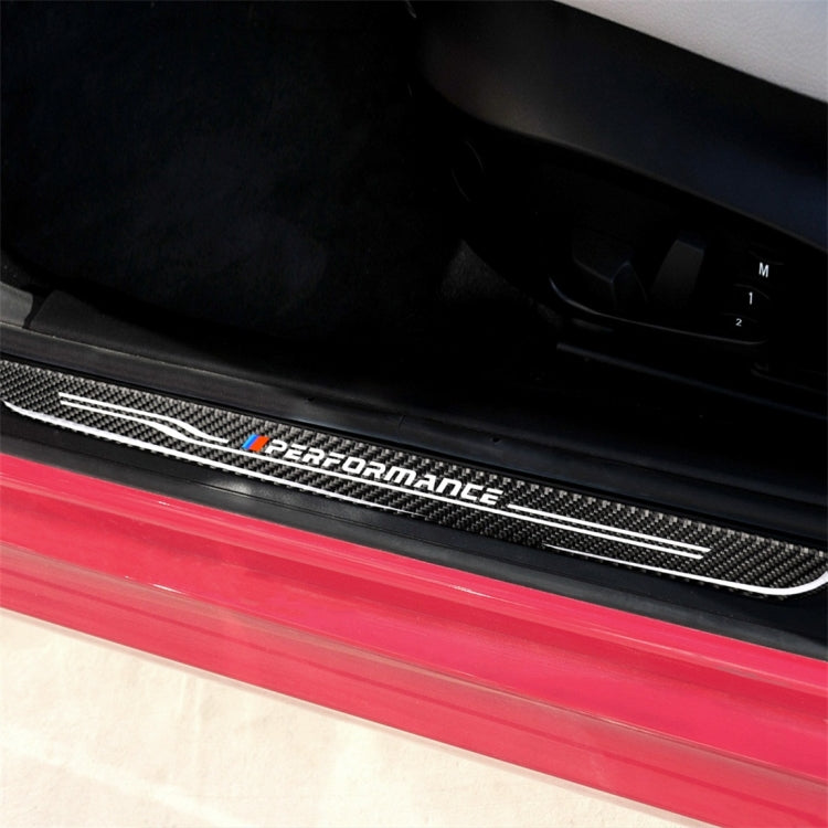 Carbon fiber door sill sticker with 'Performance' logo and silver stripe, red accent.