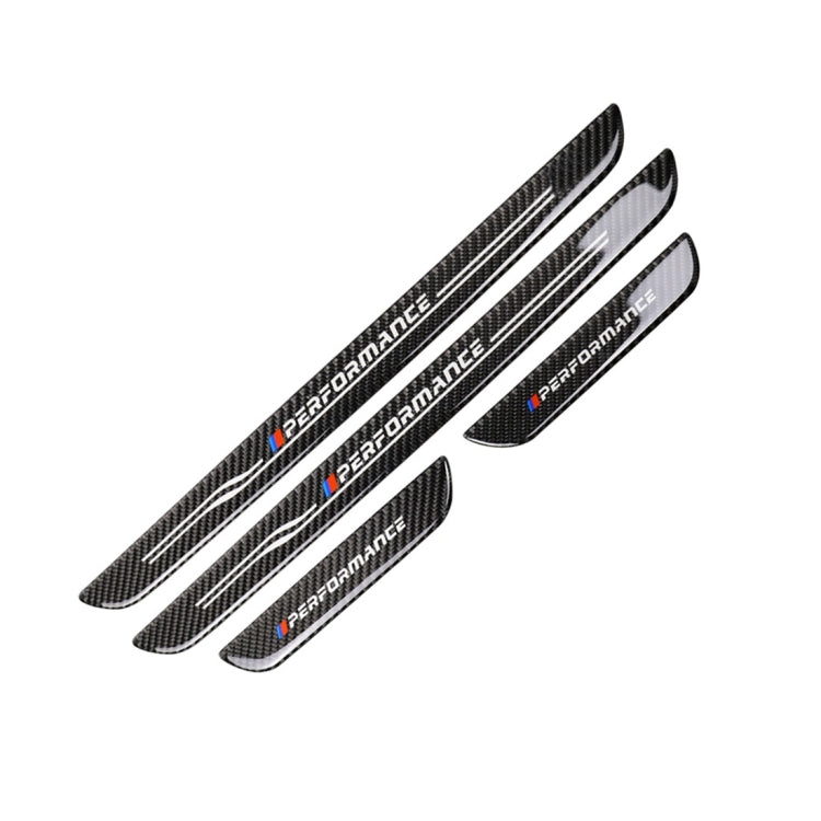 Carbon fiber door sill sticker set, black mesh with 'Performance' lettering, multiple pieces.
