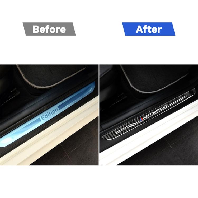 Car door sill sticker upgrade with black carbon fiber stripes and 'Performance' logo.