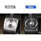 Automatic gear shift trim sticker before-and-after showing carbon fiber console cover