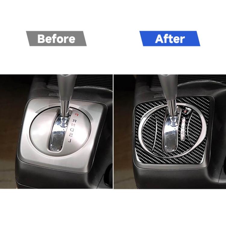 Automatic gear shift trim sticker before-and-after showing carbon fiber console cover