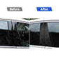 Car windows with before-and-after B-pillar carbon fiber stickers in black