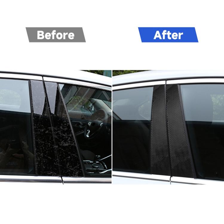 Car windows with before-and-after B-pillar carbon fiber stickers in black