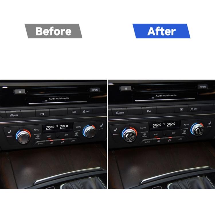 Before-and-after view of AC control panel with carbon-fiber knob stickers