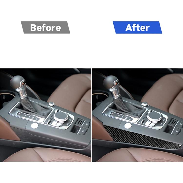 Center console before-and-after with carbon fiber gear shift side panel trim installed