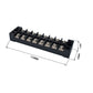 Black 8-way dual-row power terminal connector with 8 screw positions, size diagram