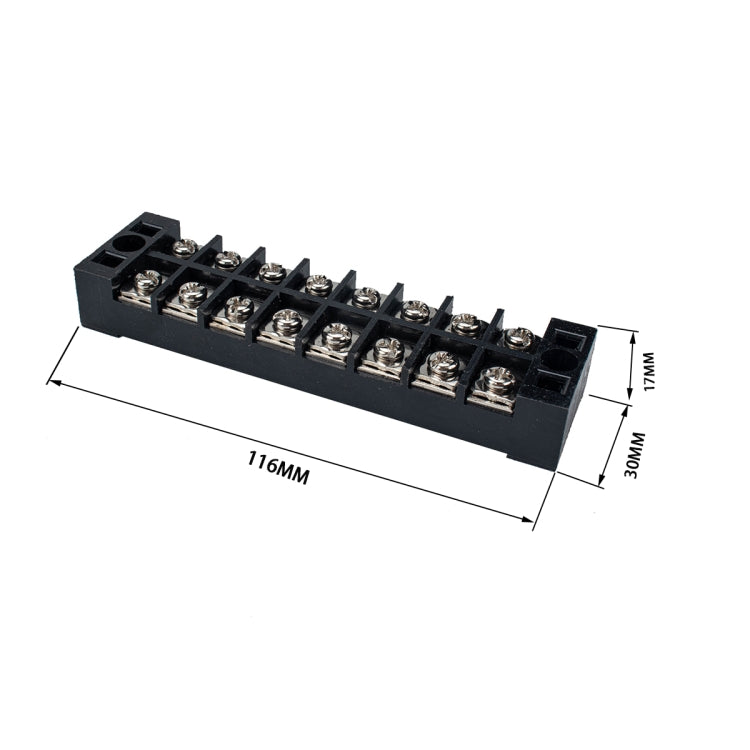 Black 8-way dual-row power terminal connector with 8 screw positions, size diagram