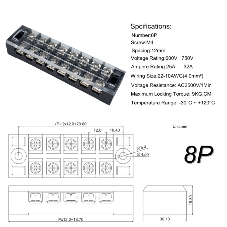 8P wiring diagram and dimensions for 8-way dual-row power terminal connector